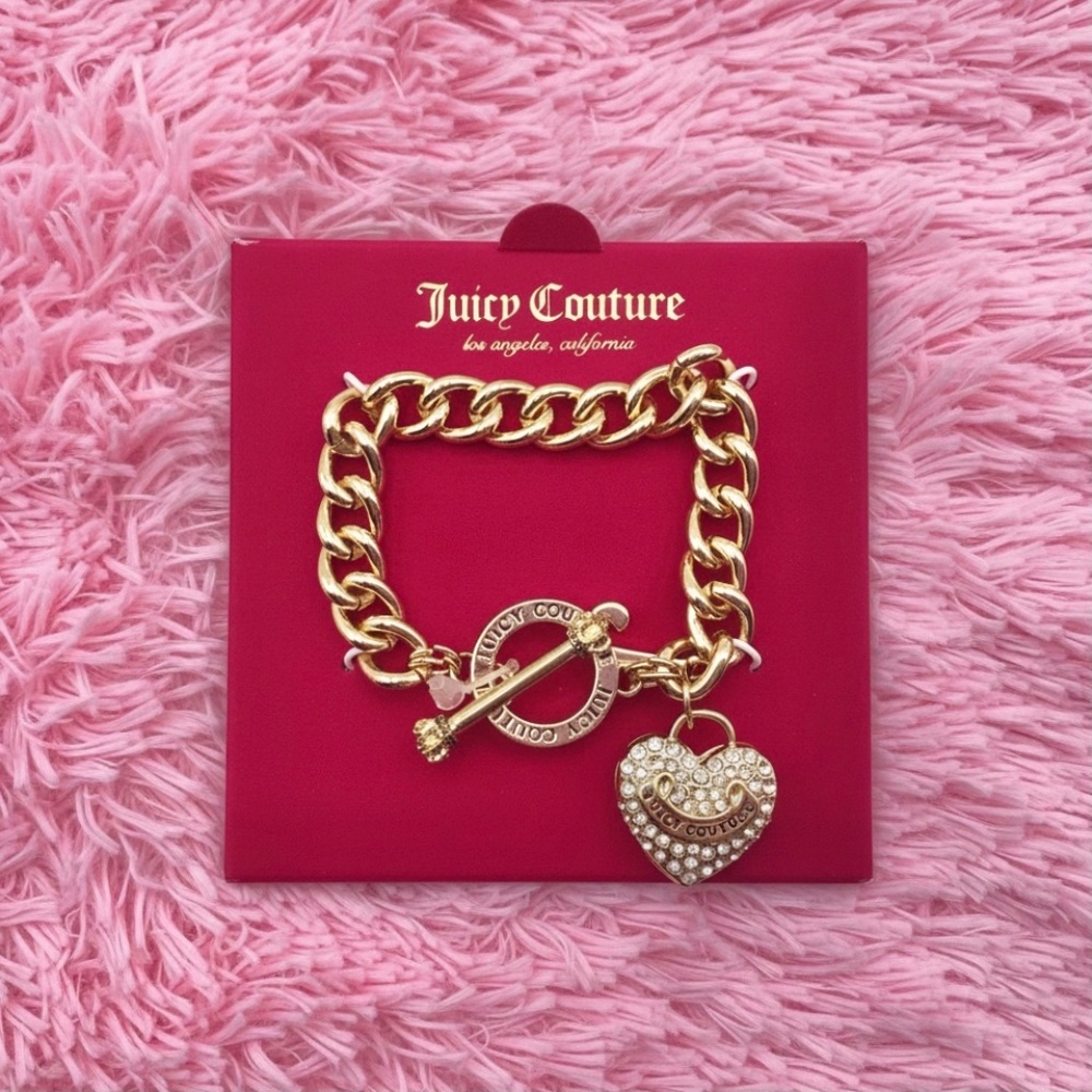 Juicy Couture Gold Chain Bracelet with Rhinestone Heart Charm, Toggle Clasp, Y2K
